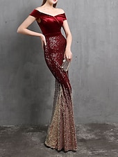 cheap RED-Mermaid / Trumpet Evening Gown Elegant Dress Formal Wedding Floor Length Short Sleeve Off Shoulder Velvet with Beading