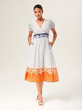 economico Abiti eleganti floreali-abito midi a trapezio con blocchi di colore a righe effetto lino