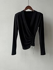 abordables Hauts Unis pour Femmes-Femmes Chemisier Uni Moderne Occasionnel manche longue Col en V Hauts Réguliers Quotidien Fête Froncé Noir Blanche Marron clair Automne
