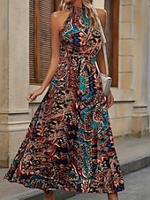 abordables Robes Boho-Femmes Robe maxi Robe trapèze Occasionnel Extérieur Sortir Coupe régulière Fleuri Sans manches Col Halter Rose Claire Bleu Marron Abricot Été