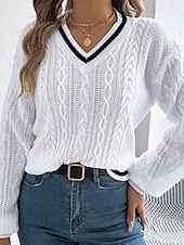 preiswerte Einfarbige Farben-Damen Pullover Lässig Farbblock Gerippt V Ausschnitt Patchwork Gestrickt Langarm Normale Oberteile Stricken Täglich Ferien Ausgehen Weiß Blau Herbst