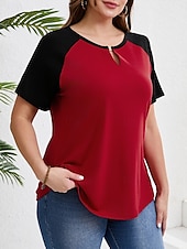 cheap Plus Size T Shirts-Women&#039;s Plus Size Tops T Shirt Solid Color Patchwork Short Sleeve V Neck Casual Daily Polyester Summer Spring Red Blue