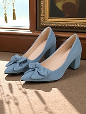 billige 1950-tallet-Lyseblå damepumps med sløyfe og blokkhæl – vintage spisse denim-hæler fra 1950-tallet til kontor, bryllup og hverdagsbruk