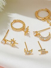 tanie Kolczyki damskie-damski pozłacany zestaw kolczyków w kształcie gwiazdy i księżyca – delikatne niebiańskie cyrkonie i wiszące kolczyki na modne przyjęcia, prezenty i na co dzień