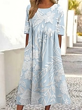 preiswerte Blumenkleid-Damen Midikleid Sommerkleid A Linie Kleid Urlaub Lässig Täglich Date Ausgehen Normale Passform Blumen Grafik Kurzarm Rundhalsausschnitt Rosa Blau Grün Beige Sommer Frühling