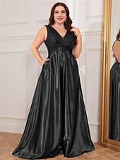 cheap BLACK-A-Line Plus Size Dresses Elegant Curve Dress Formal Wedding Floor Length Sleeveless V Neck Satin V Back with Pleats
