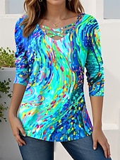 ieftine tricou Art &amp; Design-Pentru femei Tricou Grafic Geometric Abstract Stilat Modern Casual Manșon Lung În V Topuri obișnuite Zilnic Eliminat Imprimeu Roșu-aprins Albastru piscină Mov Trifoi Primăvară Toamnă