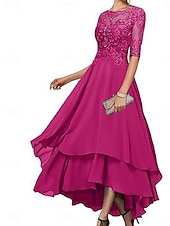 abordables Longueur du thé-Ligne A Robe de Mère de Mariée  Élégant Simple Col Bateau Asymétrique Polyester Demi Manches avec Couleur Unie 2025