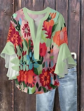 Χαμηλού Κόστους Ανθισμένα Τοπ-Γυναικεία Μπλούζα Φλοράλ Στυλάτο Μοντέρνα 3/4 Μήκος Μανικιού Λαιμόκοψη V Κανονικά μπλουζάκια Καθημερινά Αργίες Με Βολάν Στάμπα Μαύρο Θαλασσί Πράσινο του τριφυλλιού Σομόν Καλοκαίρι