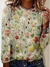 ieftine tricou floral-Pentru femei Tricou Floral Grafic Casual Manșon Lung Stil Nautic Topuri obișnuite Zilnic Imprimeu Verde Crud Primăvară Toamnă