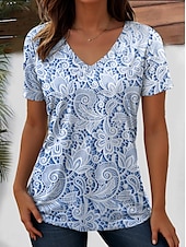 preiswerte Blumen-T-Shirt-Damen T Shirt Blumen Grafik Pflanzen Vintage Mode Hawaiianisch Kurzarm V Ausschnitt Normale Oberteile Täglich Ausgehen Wochenende Druck Rosa Blau Purpur Grün cremefarben Sommer Frühling