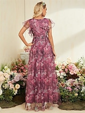 economico BLU-Abiti Quinceanera A-Line abito elegante formale lungo senza maniche scollatura a V in chiffon con stampa floreale
