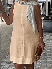 preiswerte Kleider aus Baumwolle und Leinen entwerfen-Damen Minikleid Freizeitkleid Klassisch Modern Urlaub Täglich Ferien Normale Passform Einfach Ärmellos Rundhalsausschnitt Schwarz Weiß Khaki Sommer