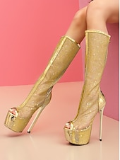 abordables Fête de la Vie Nocturne-Bottes hautes à plateforme en maille dorée pour femmes avec bout ouvert et talon aiguille, chaussures de soirée sexy pour danseuses et événements nocturnes