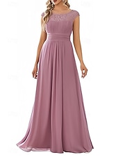 economico Abiti da sposa-Abito da matrimonio A-Line per invitati Abito elegante per invitati al matrimonio Abito lungo senza maniche con scollo a girocollo in chiffon con pieghe arricciate