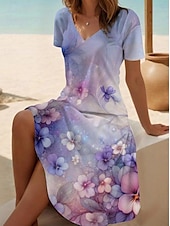abordables Robes fleuries-Femmes Mini Robe Robe T-Shirt Robe d&#039;Été Robe trapèze Vacances Occasionnel Chaussures de plage Sortir Plage Fleuri Graphique Manche Courte Col en V Vert Claire Marron clair Violet Lilas Été