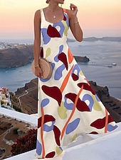 economico Arte &amp; Design Abiti-Per donna Abito maxi Abito a trapezio Abito a spalle scoperte Vacanza Casual Spiaggia Feste Uscire Spiaggia Vestibilità regolare Grafico Geometrico Senza Maniche Collo quadrato Beige Estate Primavera