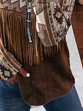 levne Boho topy-Dámské Halenka Geometrický Denní Geleneksel Dlouhý rukáv Tričkový Běžné topy Denní Jdeme ven Tisk Čtvrtletní zip Hnědá Jaro Podzim