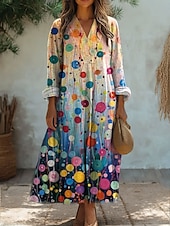abordables Robe Boho-Femmes Robe Midi Robe d&#039;Été Robe trapèze Vacances Occasionnel Sortir Coupe Ample Fleuri Graphique Paisley manche longue Col en V Noir Jaune Rose Claire Bleu Printemps Automne
