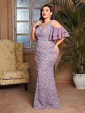 preiswerte lila-Meerjungfrau  Trompeten Abendkleid elegantes Kleid formelle Hochzeit bodenlang kurzer Ärmel V-Ausschnitt Spitze mit Stickerei