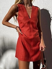 abordables concevoir des robes en coton et lin-Robe courte 100 % coton pour femme, coupe droite, décontractée, pour soirée, tous les jours, vacances, coupe classique, unie, sans manches, col en V, chanvre, noir, blanc, rouge, été