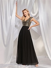 baratos PRETO-Vestidos Quinceanera A-Line Vestido Elegante Formal Comprimento de Chão Sem Mangas Decote V Chiffon Costas em V com Pregas