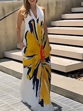 abordables Robes Floraux Imprimés-Femmes Robe Longue Maxi Robe Robe Imprimée Classique Moderne Extérieur Vacances Sortir Coupe régulière Fleur Sans manches Col Halter Blanche Été