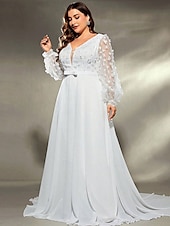 cheap Semi-formal / Cocktail-A-Line Evening Gown Elegant Dress Formal Wedding Sweep / Brush Train Long Sleeve V Neck Chiffon with Pleats