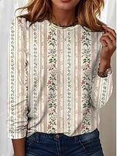 cheap Floral tee-Women&#039;s T Shirt Floral Fashion Modern Casual Long Sleeve Crew Neck Regular Tops Daily Weekend Print off-white Fall Winter
