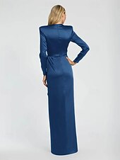 baratos Vestidos de noite tipo tubinho-Vestido de Noite Black Tie Sereia  Trompete Vestido Elegante Formal Casamento Comprimento de Piso Manga Longa Vestido de Cetim Decote Redondo com Laço(s) Fenda com Pregas