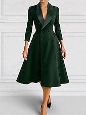 cheap Tea Length-A-Line Blazer Dress Mother of the Bride Dress Tuxedo Dress Elegant Simple Minimalist V Neck Peak Lapel Tea Length Midi Length Flap Pockets Stretch Crepe 3/4 Length Sleeve with Covered Buttons