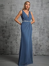 voordelige BLAUW-Zeemeermin  Trompet Quinceanera Jurken Elegante Jurk Formeel Bruiloft Vloerlengte Mouwloos V Hals Chiffon met Split