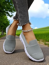 billige Sneakers til kvinner-Grå flyknit slip-on-sneakers til dame – hverdagssko for turgåing, ærender og fritid i parken