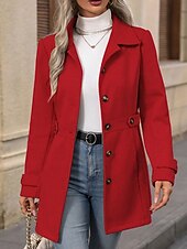 cheap Winter Coats-Women&#039;s Winter Coat Coat Warm Comfortable Buttons Fashion Plain Outdoor Vacation Weekend Single Breasted Long Turndown Regular Fit Long Sleeve Outerwear Red Fall Winter