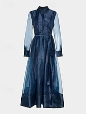 economico Lunghezza del pavimento-Abito camicia A-Line abito madre della sposa elegante semplice minimalista colletto camicia lunghezza a terra organza a maniche lunghe con cintura  nastro