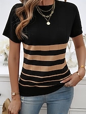 billige Grafiske mønstre og detaljer-Dame Bluse Stripet Stilfull Fritid Kortermet Crew-hals Vanlige topper Daglig Lapper Svart Hvit Brun Kakifarget Sommer