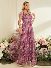 economico BLU-Abiti Quinceanera A-Line abito elegante formale lungo senza maniche scollatura a V in chiffon con stampa floreale