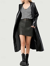 preiswerte Kunstlederjacken-Damen Trenchcoat Warm Bequem Tasche Aktiv Mode Einfach Ausgehen Wochenende Offene Vorderseite Lang Umlegekragen Normale Passform Langarm Oberbekleidung Schwarz Herbst Winter