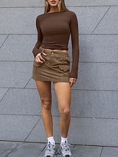 abordables T-shirt uni-Femmes Hauts moulants Couleur Unie Élégant Occasionnel Y2K manche longue Col ras du cou Hauts courts Quotidien Fête Sortir Noir Blanche Rose Claire Marron Été Printemps