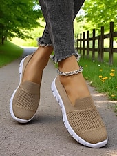 billige Sneakers til kvinner-Grå flyknit slip-on-sneakers til dame – hverdagssko for turgåing, ærender og fritid i parken