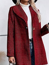 cheap Winter Coats-Women&#039;s Coat Warm Comfortable Buttons Casual Plaid Outdoor Holiday Single Breasted Regular Turndown Regular Fit Long Sleeve Outerwear Red Camel Gray Fall Winter