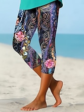 cheap Floral Print-Women&#039;s Leggings Capri Pants High Elasticity Vacation Vintage Fashion Calf-Length High Waist Floral Graphic Printing Breathable Soft Stretchy Formal Outdoor Vacation Violet Summer Spring Slim Fit
