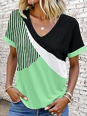 billige Stripe og geometrisk t-skjorte-Dame T skjorte Grafisk Geometrisk Årgang Stilfull Moderne Kortermet V-hals Vanlige topper Daglig Trykt mønster Rosa Blå Lilla Grønn Kakifarget Sommer