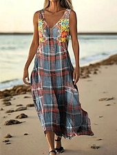 preiswerte Druck Blumen Kleider-Damen Langes Kleid Maxikleid Freizeitkleid Trägerkleid Sommerkleid afrikanisch Täglich Ferien Strand Normale Passform Blumen Karomuster Ärmellos V Ausschnitt Königsblau Blau Fuchsie Sommer