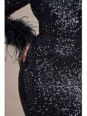 economico BLU-Abito da Sera Sirena  Tromba Elegante Abito Formal Semi Formale Gala Dress Matrimonio Lunghezza Piena Manica Lunga Collo Giro Stretch Paillettato con Maniche in Piuma