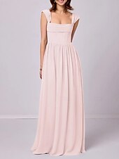 baratos Vestidos para Madrinhas-Vestido de madrinha linha A, alças, sem mangas, elegante, longo, chiffon, com pregas / franzido, 2025