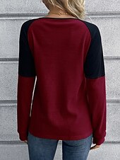 お買い得  ストライプ＆ジオメトリックTシャツ-女性用 ブラウス カラーブロック スタイリッシュ カジュアル 長袖 クルーネック レギュラートップス 日常 パッチワーク ボタン イエロー ワイン 夏 春