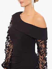 abordables NOIR-Sirène / Trompette Robe de Soirée Élégant Robe Formel Mariage Longueur au sol manche longue Une Épaule Détachable Crêpe Extensible avec Perlage 2025