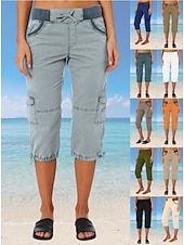 billiga Byxor-Dam Militärbyxor Semester Mode Streetwear Vadlängd Hög midja Slät Ficka Bekväm Mjuk Microelastisk Utomhus Gata Gul-Brun Svart Vit Orange Sommar Normal