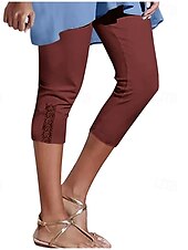 cheap Plain Leggings-Women&#039;s Capri Pants Leggings Fashion Casual Calf-Length Mid Waist Plain Elastic Waist Comfy Breathability Stretchy Vacation Street Daily Wear Light Yellow Wine Dark Brown Black Spring Fall Regular Fit